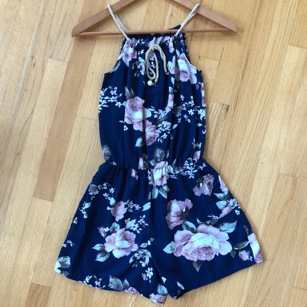 Shein Navy Floral Romper with Pockets